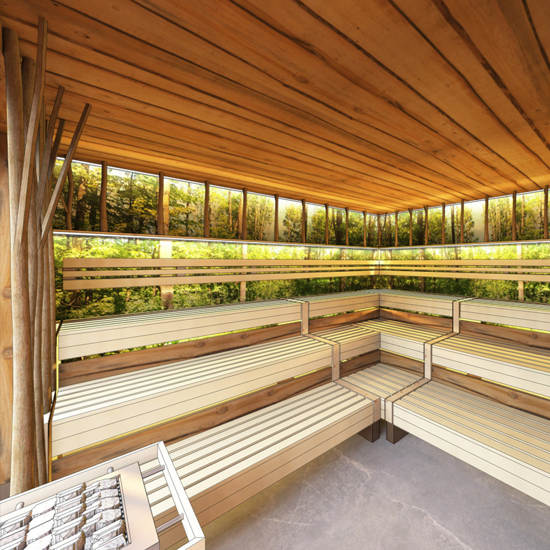 3D-Visualisierung mit CAD-Programm, Sauna mit Baumstämmen und Waldmotiv