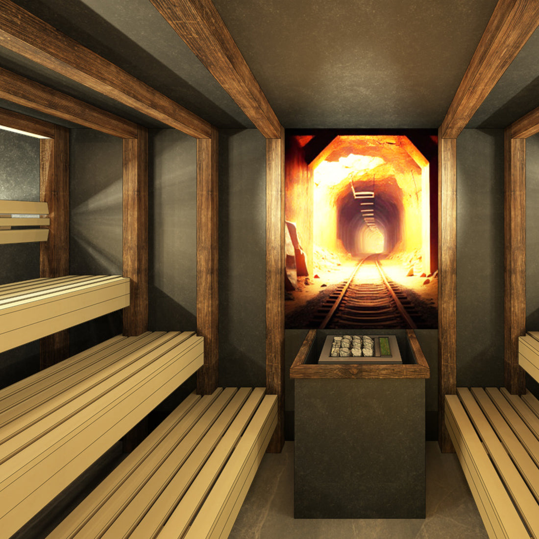 3D-Visualisierung mit CAD-Programm, Sauna mit Holzbalken und Bild mit Bergstollenmotiv 