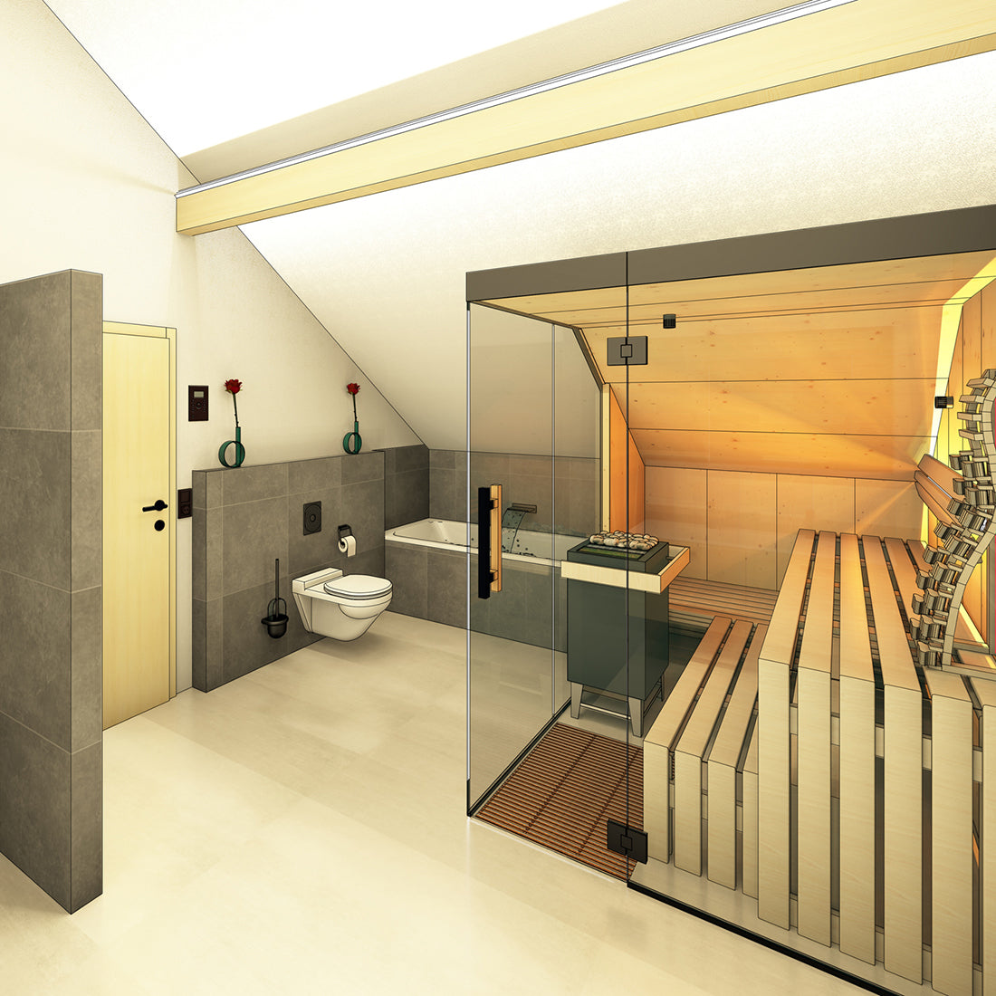 Planung bei MANZ DÖBELE, 3D-Visualisierung mit CAD-Programm, Sauna in Badezimmer