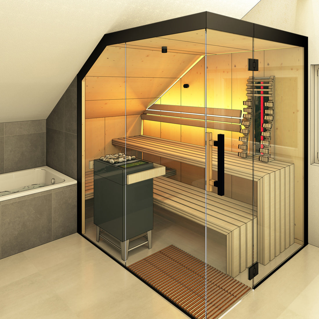 3D-Visualisierung mit professionellem CAD-Programm, Innensauna in Badezimmer