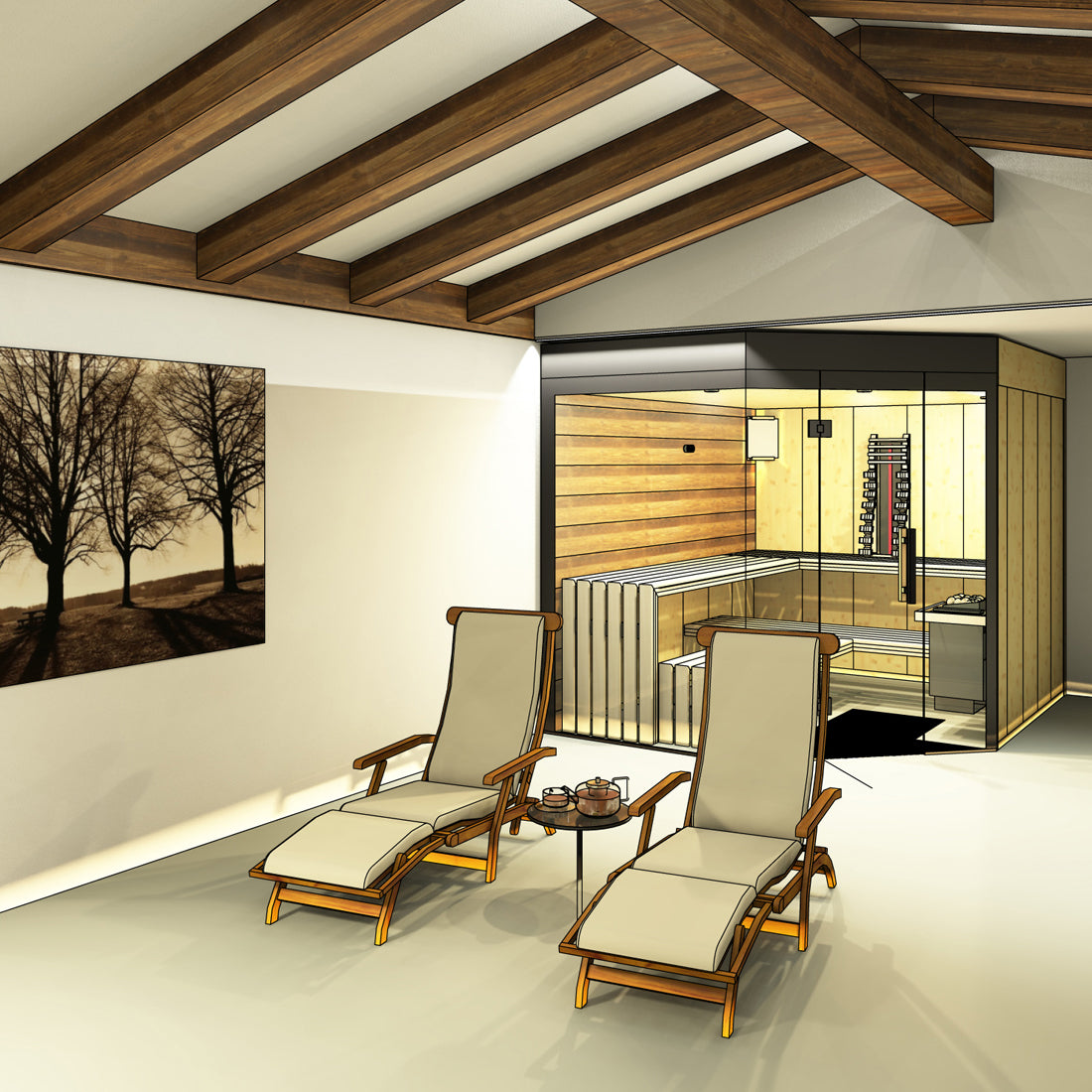 3D-Visualisierung mit professionellem CAD-Programm, Innensauna in Wohnraum mit Ruhebereich