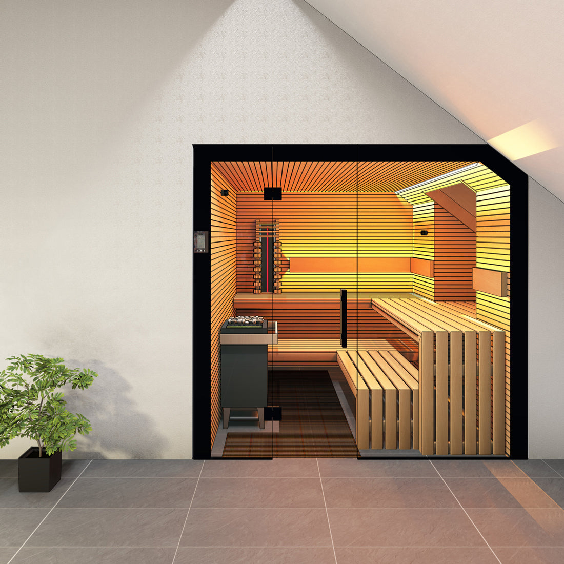 3D-Visualisierung mit professionellem CAD-Programm, Innensauna mit integriertem Dachfenster in Dachschräge 