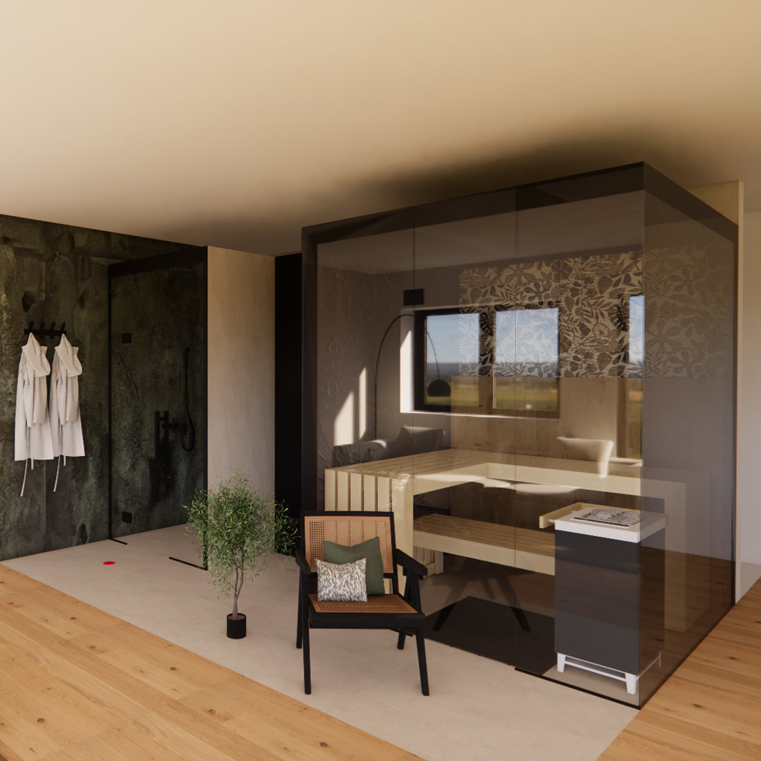 3D-Visualisierung neue Ausstellung in Rickenbach, Dampfbad, Dampfdusche, Sauna