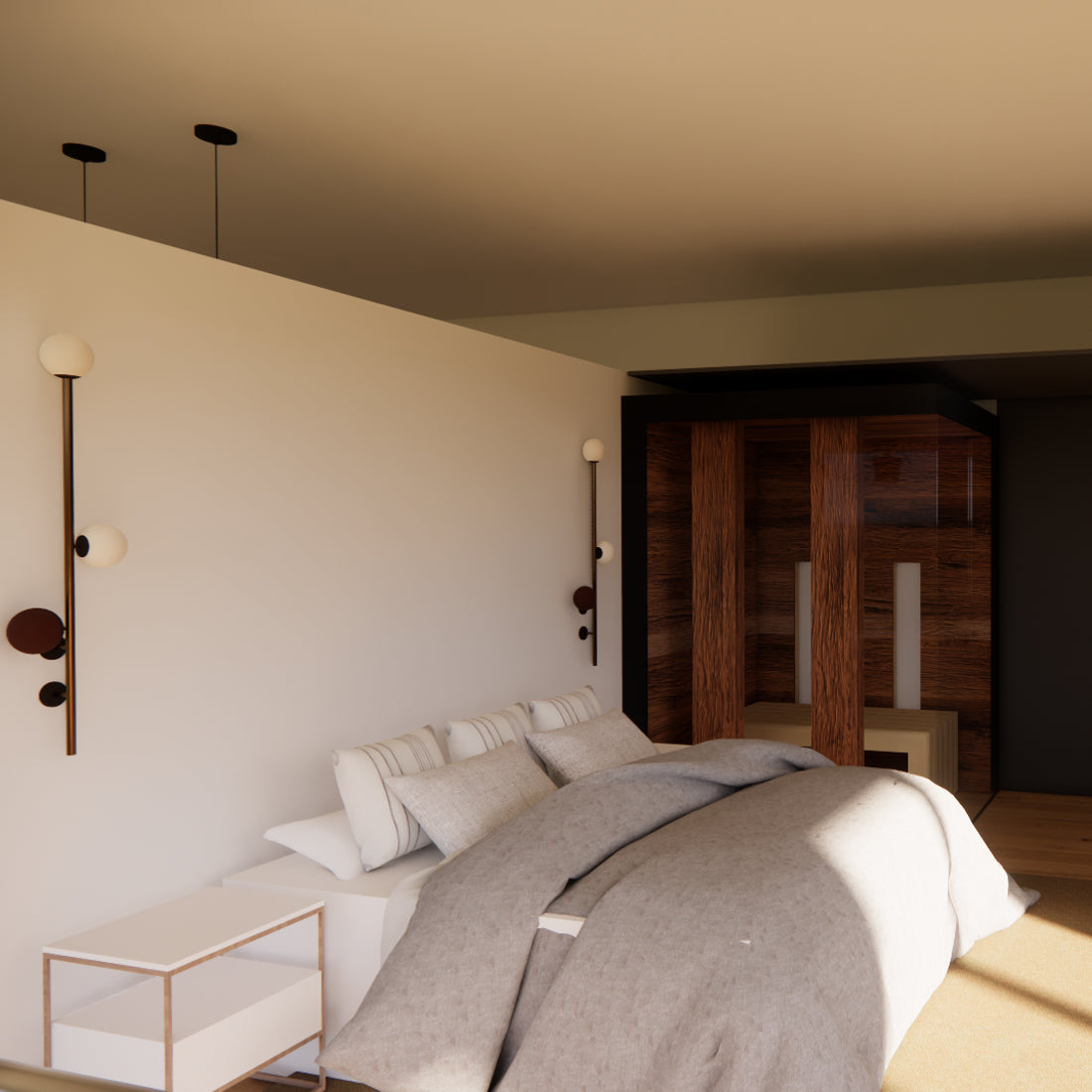 3D-Visualisierung neue Ausstellung in Rickenbach, Schlafzimmer mit Sauna