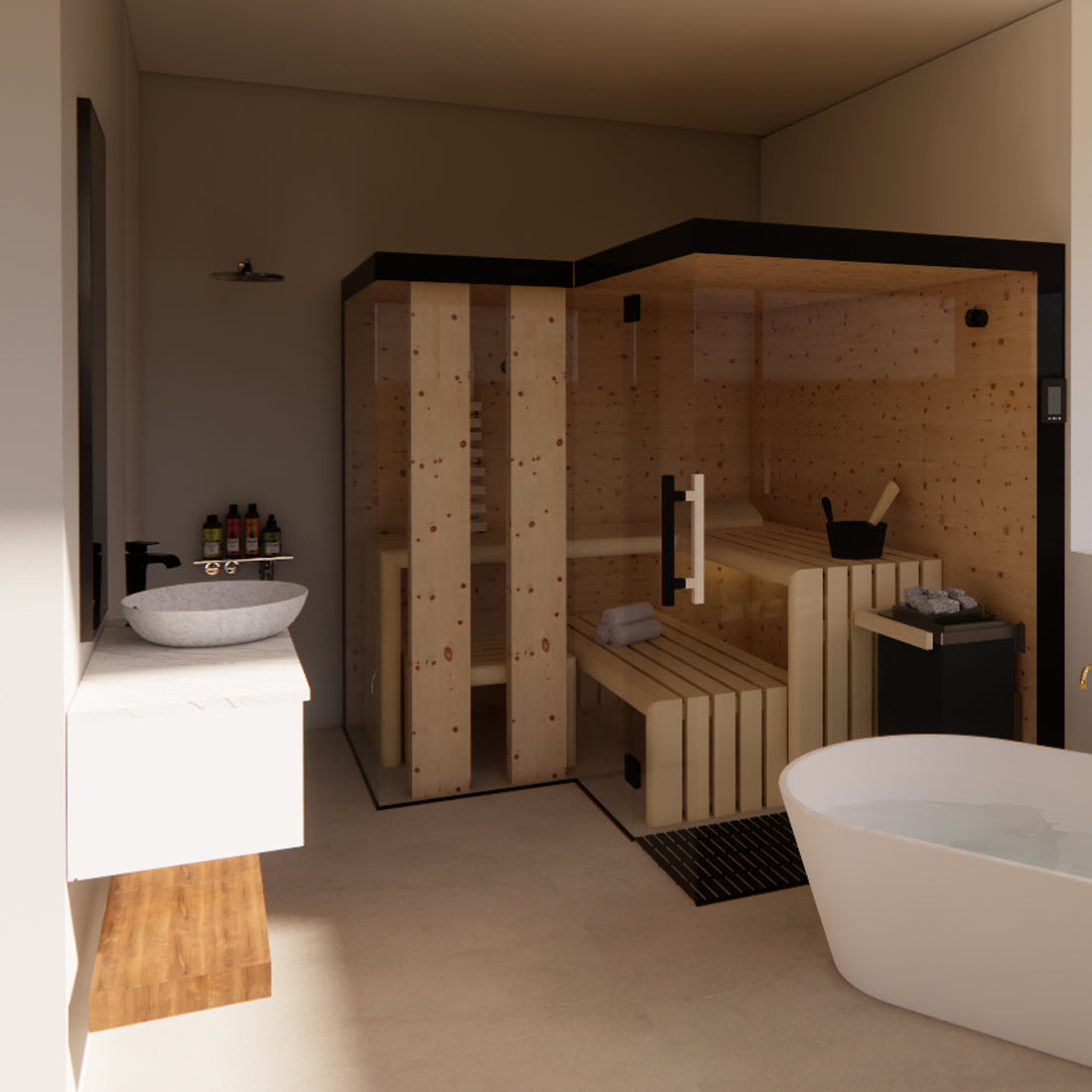 3D-Visualisierung neue Ausstellung in Rickenbach, Bad mit Sauna